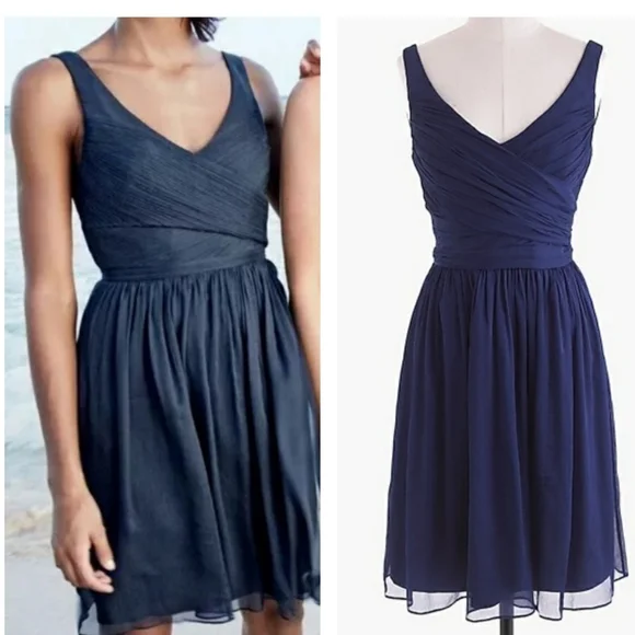 J Crew Heidi Newport Navy 100% Silk Chiffon Dress